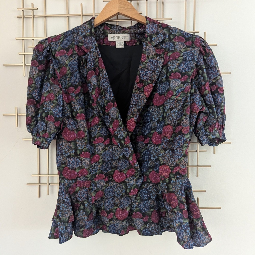 VTG Argenti Floral‎ Peplum Blazer Jacket Puff Sleeve 100% Silk Women's Sz 14